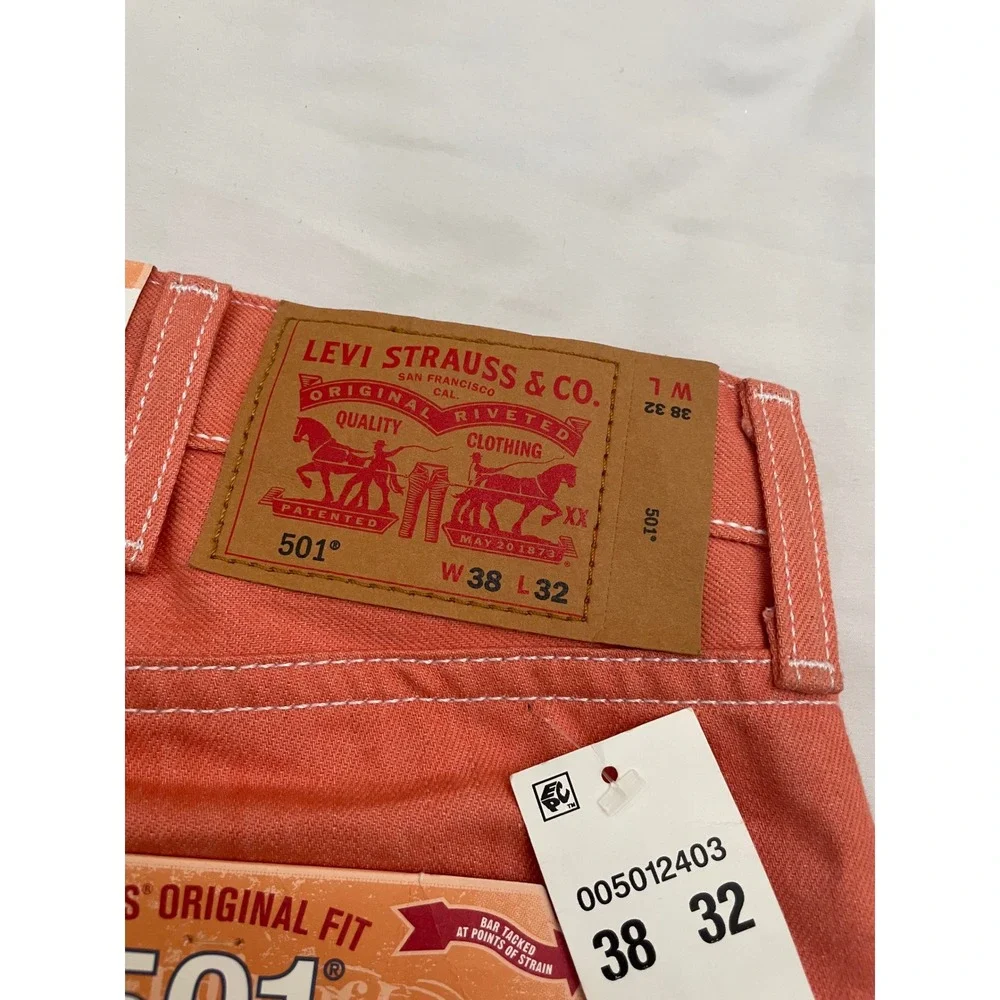 NEW Levis 501 Jeans Mens 38x32 Orange Coral Raw Denim Button Fly Shrink to Fit